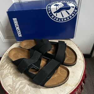 Sz 46/US 13-Birkenstock UJI Black Two-Strap Suede Slide Sandals